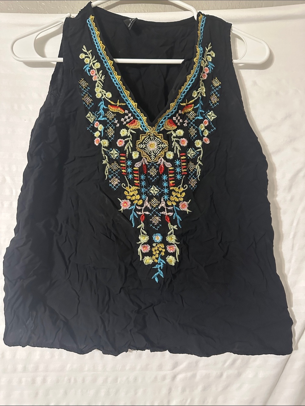 Black Sleeveless V-Neck Tank Top with Multicolor Embroidered Yoke